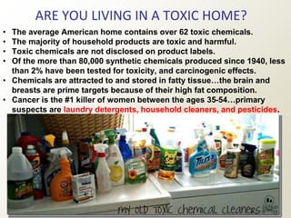 Oven cleaners
Drain cleaners
Wood and metal cleaners and polishes
Toilet cleaners
Tub, tile, and shower cleaners
Bleach (laundry)
ARE YOU LIVING IN A TOXIC HOME?
• The average American home contains over 62 toxic chemicals.
• The majority of household products are toxic and harmful.
• Toxic chemicals are not disclosed on product labels.
• Of the more than 80,000 synthetic chemicals produced since 1940, less
than 2% have been tested for toxicity, and carcinogenic effects.
• Chemicals are attracted to and stored in fatty tissue…the brain and
breasts are prime targets because of their high fat composition.
• Cancer is the #1 killer of women between the ages 35-54…primary
suspects are laundry detergents, household cleaners, and pesticides.
 