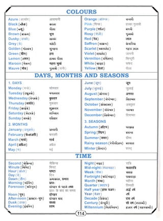 / COLOURS  
Azure 
Orange ^raft 
Black (e^fcp) chiHi 
Blue (ce^) -Tldl 
Purple (^ntcT) el'i-fl 
Brown (sii^h) ^ 
R o s y ( ^ ) ijoneft 
Dusky xylciTi 
Red (^5) ^ra 
Grey(^t) ^ 
Saffron (whr) itmf^n 
Golden (^iWh) •yn^i 
Scarlet (^K^d) did 
Green (ifR) l^r 
Violet (cim^d) 
Lemon (eWR) ?ic«H tfldi 
Vermilion (ciffioH) 
Maroon (i}*H) ^urt^ 
White (c^i^e) 
Mauve (•#?) ydi^ 
Yellow (^fat) 
DAYS, MONTHS AND SEASONS 
1. DAYS 
Monday 
Tuesday ( e ^ ^ ) j-hmcin 
Wednesday (^-v)-^) ^stcn 
Thursday (aref%) 
Friday (ibi^) yjshciK 
Saturday ("ftd^t) ttRrtr 
Sunday ( t r ^ ) ^Tctr 
2. MONTHS 
January vHHci^ 
February (%®R3fft) 
March (irr^) ttt^ 
April (3tRTc^) 
May("fl) 
J u n e ( ^ ) ^ 
July(^eii4) 
August (3flW) ST^Rd 
September (ip&zR) ftRF^R 
October (sftcfetcR) 
November (^P^r) w^rc 
December (f^^Hv) 
3. SEASONS 
Autumn (affe^r) Md^-d 
Spring (fern) ew-iti 
Summer ( w ) 
Rainy season (^-rflyH) «N«Hid 
Winter (Rl-xi'i) 
TIME 
Second (^Rh-^) 
Minute ( 1 ^ ) 
Hour(3TTcR) XIU5T 
Day(t) 
Dawn(^H) vliNlchlcH, TJTTd 
Morning (nTPi'i) ura: 
Forenoon (^Ty-jn) cian 
Noon (^T) ^tf? 
After-noon (snw^-^i) ^rq?? ^ 
Dusk(^-cb) TTEin 
Evening (s^Phi) TTFt 
> Qi 
Night (Hi^d) 
Mid-night WTCTft 
Week «hhi* 
Fortnight (ihT^Hi^d) q^cii^i 
Month (tfst) 
Quarter ) 
Half year (fro ar^cri 
Year(^3R) cpf 
Decade (Rsi-d) ^crf 
Century ( ^ f l ) tfl (yidi«fl) 
Millennium (R^Pwh) cui J 
4 ) / 
 