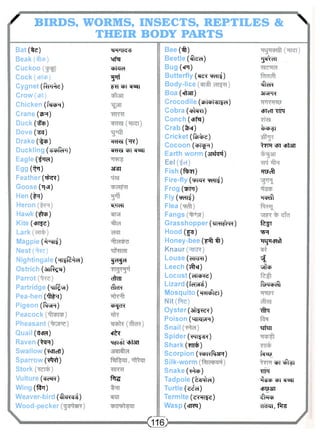 f BIRDS, WOTHRMEISR, IBNOSDEYC TPSA, RRTESP TILES &  
Bat (He) 
W K 
Bee ( f l) 
Beak(frcp) 
T&rfa 
Beetle ( t o ) 
'J^ell 
Cuckoo 
cPtJTcT 
Bug («R) 
Cock(cPTcp) 
•yrf 
Butterfly (cR^r t f ^ ) 
Cygnet (fim^e) 
FH cPT ^WI 
Body-lice 
^iftcR 
Crow(tPt) 
Boa («ften) 
3KJR? 
Chicken (f*njR) 
Crocodile (fptcpter^ci) 
Crane (?»R) 
Cobra (^CRT) 
cPTcTT 7TR 
Duck (^P) 
Conch (cpfa) 
Dove(^g) 
Crab (%ej) 
itnp^T 
Cricket (fipifre) 
Drake (^pp) 
eftT® (^R) 
Cocoon (<bl<&H) 
Duckling ( ^ O H I ) 
cTfRg-gFi crsn 
Earth worm (arafa^) 
^7R "cm <pt3TT 
Eagle ( t 7 ^ ) 
Eel(^cr) 
Egg (-^T) 
3TSI 
Fish (%?T) 
Feather (T^T) 
Fire-fly ( w r w ^ ) 
Weft 
Goose (T|VH) 
Frog (TPFF) 
Hen (^r) 
Fly ( w ^ ) 
•RcRff 
Heron 
"cTTTcTT 
Flea 
Hawk ( # p) 
Fangs 
Kite (<PT?e) 
Grasshopper (UTO#R) 
fefT 
Lark 
Hood { f s) 
TJR 
Magpie ("<HT^) 
Honey-bee ( F f t ^ t) 
TiJ^tRsfl 
N e s t ( ^ e ) 
K n a u r ( ^ i ^ j ) 
Nightingale (HI^'ICI) 
Louse (cTFTfT) 
W 
t 
Ostrich (anfr^O 
Leech (#xj) 
uffcp 
Parrot 
LoCUSt (dlcM-d) 
tfren 
Lizard (fcHvii) 
Partridge (^nf^i) 
i?m 
ffrqcpcft 
Mosquito (wHctflel) 
Pea-hen Oft^r) 
N i t ( f t c) 
Pigeon (ft^R) 
tpfcTC 
Oyster (afl^y-e^) 
Peacock 
"#7 
Poison ( W H O H ) 
Pheasant 
Snail 
"ErfETT 
Quail (tcra) 
cr^r 
Spider (w^s?) 
Raven (^3R) 
Shark (TTT£) 
Swallow (TCTTCTI) 
H6I-SI 'cfttOT 
Scorpion ( ^ R f t s n) 
"fcRJ 
Sparrow (^fct) 
Silk-worm 
tPT ^TfT 
Stork 
f ^ 
Snake (^<P) 
Vulture (cioxR) 
Tadpole ( ^ n l d) 
Wing (for) 
Turtle ( z ^ i ) 
Weaver-bird (%Rcpg) 
Termite (c^Hi^d) 
Wood-pecker 
Wasp (cfRq) 
^TTT 
^fep cpT cT5n 
<PT53TT 
^RcP 
cTctal, frs 
<m> 
 