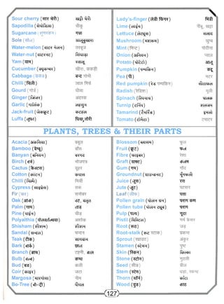 Sour cherry (^rre #51) ^rfl^rft 
Sapodilla ("Mfeen) 
Sugarcane wi 
Sole(#cl) 3TT^5R1 
Water-melon (^n^^TcH) 
Water-nut (ciid>M<i) R-iyi^i 
Yam ( ^ I M ) ^TTO^ 
Cucumber (^CF^?) 
Cabbage ) ^ 
Chilli (f%Rfi) 
Gourd 
Ginger ("fefcrc) 
Garlic (^TTfcfe) h^h 
Jack-fruit ( ^ c p ^ ) che^d 
Luffa (ejq>T) ffemT^^ftft 
Lady's-finger ( ^ t f?irrR) 
Lime (^tt^t) 
Lettuce (cte^n) 
Mushroom (TT^TCT) 
Mint 
Onion (STPRR) 
Potato ( ^ M ) 
Pumpkin (qwjRhH) 
Pea (ift) 
Red pumpkin (^g 
Radish 
Spinach (R^HM) 
Turnip (^Pfrq) 
Tamarind (SnR-d) 
Tomato ( ^ r e f) 
" "  
f ^ l 
^rare 
anci 
^ 
#cTTO>d 
WfcP 
yicHvHH 
^Tcfl 
PLANTS, TREES & THEIR PARTS 
Acacia (atchRniii) 
Bamboo (tp^) 
Banyan (erf^RR) sK'M 
Birch (er^f) 
Cactus (%-cfe^i) 
Cotton ( w s r) chMKH 
Chilli (Unffl) 
Cypress (^rr^to) 
Fir(TR) 
Oak (3fTcp) eld, elcjd 
Palm ( t t r) cTTS 
Pine ( t t ^ ) 
Polyalthia (Mldiiifcerar) 
Shisham (tftem) yTiym 
Sandal (-H^ci) 
Teak (Sm) <HMIc|H 
Bark (cn3>) f^Tel 
Branch (wra) -did 
Bulb (elc«j) ^FEf 
Bud (ire) 
Coir (ebi^) 
Margosa (hu'iVhi) 
Bo-Tree (efr-#) ^Md 
Blossom (CHWH) 
Fruit (^e) 
Fibre (TPT^R) 
Graft ( M ) 
Gum (jm) 
Groundnut (iiM^ne) 
Juice (V^H) 
Jute ( v ^) 
Leaf(3to) 
Pollen grain (^fr^R tR) 
Pollen tube ("qteR ^ r ) 
Pulp (tr?q) 
Pistil (ftffeci) 
Root (^s) 
Root-stalk (nz 
Sprout 
Stamen (T&TR) 
Skin (I^JR) 
Stone ( ^ r ) 
Seed 
Stem ( ^ q) 
Thorn (afft) 
Wood ( f s) 
<127) — 
qJef 
cpeR 
TffPFcft 
Tft 
•TOT 
WT ^PT 
W I 
^T 
ffrc^PT 
cpfeT 
cms 
 