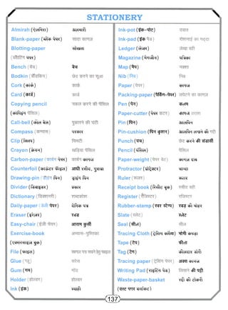 X STATIONERY  
Almirah (^crf^Ri) 
Blank-paper (*3icp ^m) 
Blotting-paper 
xltre) 
Bench 
Bodkin 
Cork ("EPT£) 
Card (gn^) 
Copying pencil 
(wftrfn 
Call-bell (cpra t d ) 
Compass 
Clip (fcfOT) 
Crayon (tP^R) 
Carbon-paper ^r) 
Counterfoil (cbivi>e>< ) 
Drawing-pin ft*) 
Divider ( f t g r ? ^) 
Dictionary 
Daily-paper Aq?) 
Eraser (?^R) 
Easy-chair 
Exercise-book 
( W R O T ^ f ^ ) 
File (wfei) 
Glue 
Gum (*q) 
Holder 
Ink ( f ^) 
3TeRT?! 
-H^dl 
Ira 
XRcFR 
^PRuT 
3TTS?r T ^ k , ^JTTsn 
^ i f q f t * 
qcpR 
^ftcp q?t 
TcTS 
3TRR gRft 
^nfr 
Ink-pot ( t ^ - q f t) 
Ink-pad ( t^ 
Ledger (cW?) 
Magazine (#q>#R) 
Map (%q) 
Nib(ft^) 
Paper 
Packing-paper (^tf^q-^tq?) 
Pen (^R) 
Paper-cutter (^m 
Pin ( f t *) 
Pin-cushion ( f t * <pR) 
Punch (xra) 
Pencil (xfRrd) 
Paper-weight 
Protractor ( t f f c f ^) 
Ruler 
Receipt book (fttfte <^P) 
Register 
Rubber-stamp ( w * ^ q ) 
Slate 
Seal (#cf) 
Tracing Cloth ( t ^ R ^fm) 
Tape(tq) 
Tag (tq) 
Tracing paper 
Writing Pad ( ^ f t q ^ ) 
Waste-paper-basket 
(•ER5 xPR cl^fche) 
qftcm 
cPRvH 
^PcR 
cbMlvH 
3TTc7ft* 
STlcfftq cRft ^ 
cPY^ eft ThSRft 
iprq^^rra 
^rr^T 
^ficR 
" ^ ^ f t f t lR 
fete 
ft^t^pq^i 
xftrTT 
cftcHcJK ^tft 
3TTO cpRvH 
eft q f i 
Ttr eft^fepff 
<137> 
 