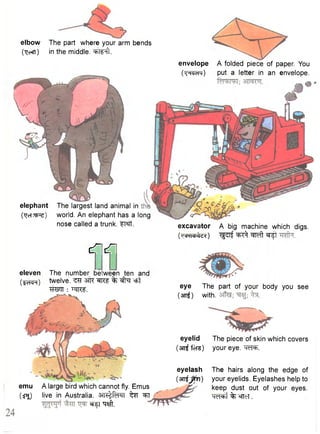 elbow The part where your arm bends 
(TTc«rt) in the middle. <=hl^-fl. 
envelope 
(^HcJdM) 
A folded piece of paper. You 
put a letter in an envelope. 
eye The part of your body you see 
(OT^) with. 
eyelid The piece of skin which covers 
(3n^fers) your eye. "q^RF. 
cricn 
eleven The number between ten and 
( j v m ) twelve. ^RF % =Ft 
IRiPTT : TqRf. 
excavator A big machine which digs, 
(xrcmc^t) ^ ^ft 
The hairs along the edge of 
your eyelids. Eyelashes help to 
keep dust out of your eyes. 
"TcT^it % ofTeT. 
elephant 
(•qcT.Tfr^) 
The largest land animal in 
world. An elephant has a long 
nose called a trunk. FMf. 
emu A large bird which cannot fly. Emus 
(spjj live in Australia. STH^fcFTT ^ r ^FT 
^ ^ 
is 
FT 
eyelash 
(wijbt) 
 