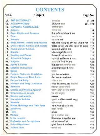 CONTENTS S.No. Subject Page No. 
A. THE DICTIONARY 5-94 
B. ACTION WORDS fcbUlcHcb 95-113 
C. GENERAL KNOWLEDGE 
1. Colours 114 
2. Days, Months and Seasons RH, H ^ . k j c i h HIH 114 
3. Time 114 
4. Animals cp -^Ft 115 
5. Birds, Worms, Insects and Reptiles MU^, 4-tcbl^ l|cj dlol v^cl) HIH 116 
6. Cries of Birds, Animals and Insects M f M , vilMcWf CUMI c f l ^ - H c h l ^ 3J|c||.if 117 
7. Young ones of Animals VJIMCIVI cp cpsff cp ^TR 117 
8. Sounds fc|fH?l c j ^ l d?| 118 
9. Dwelling and Places PiclKI l^cj cf)| 118 
10. Schools & Colleges ^ci H^lRl^lld^ ^ 122 
11. Subjects ^ ( M HH 122 
12. Sports & Games ^ e f ciaTf 123 
13. Eatables and Cereals vilHM dSMI -HlvrlH ^ 124 
14. Spices 125 
15. Flowers, Fruits and Vegetables 4>cH kjcj ^RsHiji 126 
16. Plants, Trees and Their Parts iflfc), cjJH vH^ 'H* 127 
17. Parts of the Body 128 
18. Ailments and Body Conditions yixpu daji 129 
19. Relations 130 
20. Clothes and Wearing Apparel 131 
21. Ornaments and Jewels 132 
22. Musical Instruments c i i a^ 133 
23. Household Articles i n MRCIN w ^ s f t C R^ 133 
24. Minerals 135 
25. Places, Buildings and Their Parts >WIH, 'WH ^cj vJH^ •HMI 135 
26. Stationery 137 
27. Tools aftjHN 138 
28. Warfare 139 
29. In the Hospital Rlfcb^lcHAI i) *l*<s|ptld yiccj 140 
30. Profession and Occupations M kjcj oqc)^!^ ci4 141 
31. Police Department <jfcH>H fcJ'-HI-11 ^ <HHptld 143 
32. Jubilee Table 144 
 