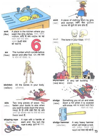 sink 
(facp) 
A place in the kitchen where you 
wash the dirty dishes. 
krllfk«h Sflfc 3 "SFTT THt^R ^T ^ 
^T®3ft "3FTFF ^t ^TTcfr t. 
SIX 
(fftcw) 
The number which comes before 
seven and after five. cT^TT W 
skeleton 
(-HbfaeH) 
All the bones in your body. 
skis Two long pieces of wood. You 
fasten your boots to skis when 
you want to slide down the snow. cT^ft % ^ oT^ cT^ f^H ""R 3TN 
ftRTcTTT^f. 
skirt A piece of clothing worn by girls 
and women. ^BT ^TtftRPf 
w m t ^ 3 w frm t . 
The bone in your head. 
c"T" 
SLl 
skyscraper A very tall building. 
(tmiiSm) "fTRcT. 
sledge Something you sit on and slide 
(Tota) down a hill when it is covered 
with snow. ^ "SR^T f^FTT 
sledge hammer A very heavy hammer 
which will break a rock. 
^RZFf W W d^ t 73 
skipping rope A rope with a handle at 
each end. You turn the 
rope to skip. f ^ T ^ t 
 