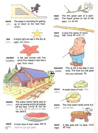 stairs The steps in a building for getting 
up or down to the next floor. 
tflfiwi. 
stem The thin green part of a plant. 
( ^T) The flower grows on top of the 
stem. =FT cRT. 
A / 
stick A long thin piece of wood, 
(ftep) ^ff w f t 
star A bright light we see in the sky at 
night. cTRT; taKT. 
starfish A flat sea animal with five 
(•^rcfon) arms.This makes it look like a 
star, tan W l . 
stomach This is like a big bag in your 
v H f V ("^T^) body. The food you eat goes 
^ into your stomach, "fc. 
/ 
stone A small piece of rock. 
station The place where trains stop to 
pick up people and to let people 
off the train. V l ' l l ^ l % ^ 
n^rr f. 
stone The hard seed inside some fruit. 
steak a thick slice of lean meat. TOT ^TT stool A little seat with no back. <n<*>s1 
( ^ a ) ^t t?NTi 
 