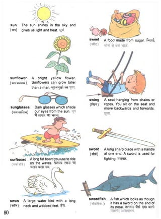 sun 
0 ( H ) 
^ I  
The sun shines in the sky and 
gives us light and heat. ^ f . 
sunflower A bright yellow flower. 
(TH Mh>cHici>f) Sunflowers can grow taller 
than a man. ^Fspjot ^T 
sunglasses Dark glasses which shade 
(*H'diR-M) o u r e y e s f r o m the sun. 
3 W1H 3FT W . 
surfboard A long flat board you use to ride 
on the waves. WRT ""K 
w t m 
sweet a food made from sugar, fasif; 
swing A seat hanging from chains or 
(fapr) ropes. You sit on the seat and 
move backwards and forwards. 
sword A long sharp blade with a handle 
(•tfri) at one end. A sword is used for 
fighting. cid=)K. 
swan A large water bird with a long 
( # i ) neck and webbed feet, t ^ - 
80 
swordfish A fish which looks as though 
) it has a sword on the end of 
its nose. d<n^K ^ ^Teft 
 