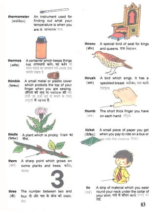 thermometer 
(anrMfe?) 
An instrument used for 
finding out what your 
temperature is when you 
are ill. dlHHIM=b 
thermos 
(apfa) 
thimble 
("farmer) 
throne A special kind of seat for kings (sfa) and queens. TR Hh^I-HH. 
thrush A bird which sings. It has a 
(«Ri) speckled breast. ^Tft^T; W w f t 
thorn A sharp point which grows on 
some plants and trees, ^rfel; 
three The number between two and 
(sft) four, ^t sfk ^TK % ^ M I : 
thumb The short thick finger you have 
on each hand. 
ticket A small piece of paper you get 
(fefoe) when you pay to ride on a bus or 
tie A strip of material which you wear 
round your neck under the collar of 
your shirt. ^ 3 ^fepf ^loft 
Zlt 
83 
A container which keeps things 
hot. ciTWIFft ^cfa; ^ ^cfa 
A small metal or plastic cover 
which protects the top of your 
finger when you are sewing. 
3 M ^ t ^fT krllfw^ ^ t 
3 •qf^m t. 
thistle 
(fsmel) 
A plant which is prickly. ^T 
IHTT. 
 