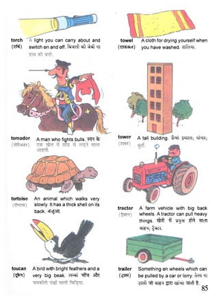 towel A cloth for drying yourself when 
(•erasic?) you have washed. dlRi^ii. 
toreador A man who fights bulls. "Ffa % 
tortoise An animal which walks very 
slowly. It has a thick shell on its 
back. cFtfsn. 
toucan A bird with bright feathers and a 
(^R) very big beak. cTRt sfa 
tractor A farm vehicle with big back 
wheels. A tractor can pull heavy 
things. 3 "Spgw f f i ^TcTT 
W t ; pRX. 
trailer Something on wheels which can 
(s^rc) be pulled by a car or lorry. ^rfT TI 
ZToft WT "SRT ^TTcft t . 85 
torch 
(*W) 
light you can carry about and 
switch on and off. ^t ^TI 
tower a tall building, ^ r t ^JKcT; TTftR; 
 