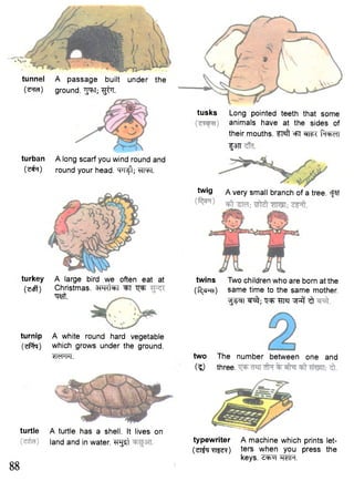 - v > 
tunnel A passage built under the 
(^ra) ground. "yr>T; ^tT. 
turban A long scarf you wind round and 
( ^ T ) round your head. "TT^; WfiT. 
turkey A large bird we often eat at 
(^cff) Christmas, s f r ^ t Wl "q^r 
Wt. 
turnip A white round hard vegetable 
OsPfa) which grows under the ground. 
WFT. 
turtle A turtle has a shell. It lives on 
land and in water. Trg^t 
88 
tusks Long pointed teeth that some 
animals have at the sides of 
their mouths. Ffsft =FT R+CHI 
i|3TT 
twig a very small branch of a tree. <JST 
twins Two children who are born at the 
( f ^ n ) same time to the same mother. 
T^^cJT "^T; "Q^" TTI«T ^ 
two The number between one and 
("?) three. 
typewriter A machine which prints let- 
( ^ t i ^ T ^ ) ters when you press the 
keys. z ^ T w . 
 