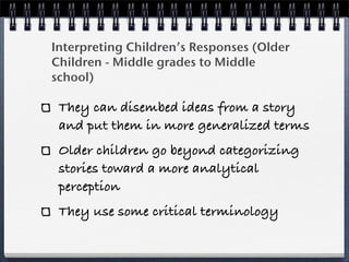 Interpreting Children’s Responses (Older
Children - Middle grades to Middle
school)

 They can disembed ideas from a story
 and put them in more generalized terms
 Older children go beyond categorizing
 stories toward a more analytical
 perception
 They use some critical terminology
 