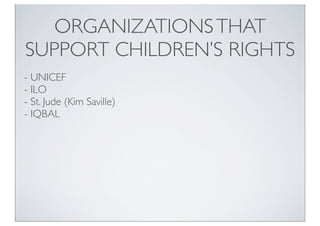 ORGANIZATIONSTHAT
SUPPORT CHILDREN’S RIGHTS
- UNICEF
- ILO
- St. Jude (Kim Saville)
- IQBAL
 