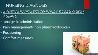 NURSING DIAGNOSIS
ACUTE PAIN RELATED TO INJURY TO BIOLOGICAL
AGENTS:
 analgesic administration
 Pain management( non pharmacological)
 Positioning
 Comfort measures
 