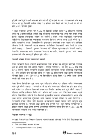 j[l4;Fu} egf{ x'g] ljBfyL{ ;+Vofdf klg a9f]Q/L xF'b}cfPsf] kfOG5 . pbfx/0fsf] nflu ;g
!(*) df v'b ljBfyL{ egf{b/ sl/a !^ k|ltzt dfq lyof] eg] ;g @))# df of] b/
a9]/ *#=% k|ltzt k'Uof] .
5
lzIff ljefusf cg';f/ ;g @)!% df ljBfyL{ egf{b/ sl/a (^ k|ltztdf plSng
k'u]sf]] 5 . o;/L ljBfyL{ egf{b/ j[l4 xF'b}cfpg' ;sf/fTds kIf ePtf klg o;n] ;du|
b]zsf] lzIffsf] cj:yfnfO{ lrq0f ug{ ;Sb}g . kmntM lghL ljBfnosf] :yfkgf;Fu}
;fj{hlgs ljBfnox¿sf] u'0f:t/sf ;DaGwdf ljleGg ;dodf k|Zg p7g] u/]sf] 5 .
oBlk Jojxfl/s ¿kdf ljBfyL{x¿sf] d"Nofªsg k|0ffnLsf] cefj ePtf klg k|j]lzsf
k/LIffdf lghL ljBfnon] kfpg] ;kmntf ;fj{hlgs ljBfnosf] eGbf lgs} g} pRr
/x]sf] kfOG5  . lzIffsf] u'0f:t/ lgwf{/0f ug]{ ljleGg ;"rsx¿dWo] ljBfyL{ egf{b/,
ljBfyL{n] cWoogsf nflu ljBfnodf latfpg] ;dofjlw, lzIffsf] u'0f:t/ cflb h:tf
;jfnx¿sf] klg dxTjk"0f{ e"ldsf x'g] ub{5 .
lzIffsf] If]qdf g]kfn ;/sf/sf] nufgL
g]kfn ;/sf/n] lzIff If]qnfO{ k|fyldstfdf /fVb} k|To]s jif{ /fli6«o ah]6sf] pNn]Vo
c+z of] If]qdf vr{ ub}{ cfPsf] kfOG5 . k|:t't tflnsf–! df ;g @))) b]lv ;g
@)!% ;Dddf g]kfn ;/sf/n] lzIffsf] If]qdf ljlgof]hg u/]sf ah]6nfO{ b]vfOPsf]
5 . o; cjlwdf s'n ah]6sf] sl/a !@ b]lv !& k|ltzt;Dd lzIff If]qdf ljlgof]hg
ul/Psf] lyof] . ;g @)!$.)!% Dff ljlgof]lht ah]6 ljut !% jif{df lzIff If]qdf
ePsf] ;a} eGbf sd xf] .	
lzIff If]qdf ljlgof]hg x'g] hDdf s"n ah]6dWo]] sl/a () k|ltzt ah]6 ljBfnosf]
nflu x'g] u/]sf] kfOG5 . cfZro{ t s] 5 eg] ljBfnodf ljlgof]lht x'g] s"n ah]6
dWo] sl/a *) k|ltzt lzIfssf] tna tyf lgdf{0f sfo{df vr{ x'g] u/]sf] kfOG5.6
kl5Nnf cfly{s jif{x¿df ljz]if u/]/ cfly{s jif{ @)!)÷)!! b]lv lzIff If]qdf 36bf]
jflif{s ljlgof]lht ah]6n] ljBfyL{x¿sf] u'0f:t/Lo lzIffsf] clwsf/sf]k|flKt eGbf klg
lzIff If]qsf] k/Dk/fnfO{ d'l:snn] wfGg] tkm{dfq ;/sf/ s]lGb|t 5 eGg] b]vfpFb5 .
ljZjJofkL ¿kdf ;a}sf nflu lzIffsf] cleofgnfO{ ;fsf/ kfg{sf nflu /fli6«o s"n
ah]6sf] sDtLdf @) k|ltzt lzIff If]qdf vr{ x'g'kg]{ tyf s'n ufx{:y pTkfbgsf] %
k|ltzt nufgL lzIff If]qdf x'g'kg]{ cGt/f{li6«o dfkb08 ePtf klg ;g @)!$÷)!% df
ljlgof]lht ah]6n] emg} lg/fz agfPsf] 5 .
ljBfno :yfkgf / j[l4
;dosf] ljsf;qmddf ljBfno lzIffdf afnaflnsfsf] kx'Frsf] l:ylt x]bf{ ljBfnox¿sf]
5	 lzIff tyf v]ns'b dGqfno, @))%s
6	 Ministry of Education –EFSC (2009)
102 g]kfndf afnclwsf/
 