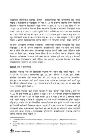 ;+VofTds j[l4sf;fy} ljBfno egf{x'g] afnaflnsfsf] klg pNn]vgLo a[l4 ePsf]
kfOG5 . tYofªsn] s] b]vfpFb5 eg] ;g @))$ df k|fylds ljBfno, lgDg dfWolds
ljBfno / dfWolds ljBfnosf] ;+Vof qmdzM @$,&$^Ù &,$#^ / $,%$& lyof] eg] ;g
@)!!÷!@ df k|fylds ljBfno, lgDg dfWolds ljBfno / dfWolds ljBfnosf] ;+Vof
qmdzM ##,**!Ù !#,&(! / &,#(* k'u]sf] lyof] . To;}u/L ;g @))* df pRr dfWolds
tx !,%%^ lyof] eg] ;g @)!!÷)!@ df #,**@ plSng k'Uof] . ;du|df ;g @))$ df
s"n ljBfnosf] ;+Vof @^,@&& /x]sf]df ;g @)!!÷)!@ ;Dd cfOk'Ubf #$,#^! k'u]sf]
kfOG5 . o;af6 ljBfnox¿sf] jflif{s j[l4b/ #=( k|ltztn] a9]sf] b]lvg cfpF5 .7
dflyNnf] cg'R5]bdf pNn]lvt tYofªsn] ljBfnosf] ;+Vofdf pNn]vgLo j[l4 ePsf]
b]vfpFb5 . t/ ;f] cg'¿k ljBfnodf afnaflnsfsf] kx'Fr eg] ;xh aGg ;s]sf]
5}g . clxn] klg b'u{d If]qsf afnaflnsf ljBfno hfgsf] nflu Hofg} hf]lvddf /fv]/
ofqf ug{ ljjz 5g . ;+nUg lrqdf b]lvP em} sf7df08f}+;Fu l;dfgf hf]l8Psf] wflbª
lhNnfsf aflnsfx¿ ljBfno hfg]qmddf 6'Ogdf hf]lvd k"0f{ ofqf ub{5g . g]kfnsf]
b'u{d e]usf ljBfnox¿df o:t} hf]lvd tyf si6s/ cj:yfdf ljBfno hfg ljj;
anaflnsfsf] pbfx/0f w]/} kfpg ;lsG5 .
ljBfyL{ egf{ / lg/Gt/tf
k|fylds ljBfno egf{ x'g] ljBfyL{sf] ;+Vofdf klg jif]{gL j[l4 ePsf] kfOG5 . ;g
@))# df $),@%,^(@ afnaflnsf -!*, @&, %*& aflnsf / @!,(*, !)% afns_
k|fylds ljBfnodf egf{ ePsf lyP eg] ;g @)!! Dff $&,*@,**% afnaflnsf
-@$,!!, *$( aflnsf_ egf{ ePsf] kfOG5 . ;g @))$ df ljBfnodf egf{ ePsf] s"n
ljBfyL{dWo] aflnsfsf] ;+Vof $%=$ k|ltzt dfq lyof] eg] ;g @)!! Dff of] ;+Vof a9]/
%)=$ k|ltzt k'u]sf] lyof] .
cGo sIffsf] t'ngfdf sIff Psdf :jefjn] g} pRr egf{b/ /x]sf] kfOG5 . h:t} ;g
@))$ df sIff Psdf ##=* k|ltzt / sIff % df !$=$ k|ltzt afnaflnsf ljBfnodf
egf{ x'Gy] eg] ;g @)!! Dff sIff Psdf @*=$ / sIff % df !%=% k|ltzt ljBfyL{
egf{ ePsf] kfOG5 . o;n] s] b]vfpFb5 eg] egf{ ePsf ljBfyL{x¿sf] plt0f{ ;+Vofdf
j[l4 x'g' / sIffdf km]n x'g] ljBfyL{sf] ;+Vofdf lg/Gt/ x|f; x'g'sf] sf/0fn] sIff cg';f/
x'g] ljBfyL{ egf{b/sf] leGgtfdf Go"gtf cfPsf] xf] . ;g @))$ df ljBfnodf egf{ x''g]
aflnsfsf] ;+Vof afnssf]eGbf Go"g lyof] eg] ;g @)!! Dff aflnsfsf] ;+Vof afnssf]
eGbf a9L /x]sf] kfOG5 . hg;f+lVos b[li6sf]0fn] afnaflnsfsf] ljBfno egf{b/df
n}+lus ;dfgtf /x]sf] kfOG5 .8
7	 School Level Educational Statistics of Nepal, Consolidated Report 2011- Department of Education,
Nepal
8	 School Level Educational Statistics of Nepal, Consolidated Report 2011- Department of Education,
Nepal
103g]kfndf afnclwsf/
 