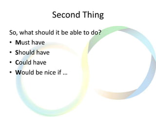 Second Thing
So, what should it be able to do?
• Must have
• Should have
• Could have
• Would be nice if …
 