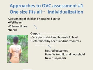 Approaches to OVC assessment #1
 One size fits all Individualization
Assessment of child and household status
•Well being
•Vulnerabilities
•Needs
                 Outputs and household “outcomes”
                      Child
                      Improvements related to outputs
                 •Care plans:risk (other factors)
                      Increased child and household level
                 •Determined by“Outputs”:
                     Program plans:
                                    needs and/or resources
                     •Care plans: child and household level
                     •Available resources

                               Desired outcomes
                               Benefits to child and household
                               New risks/needs
 