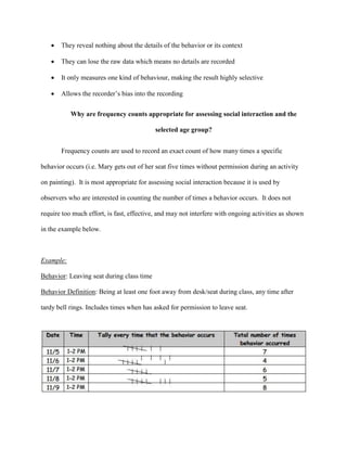  They reveal nothing about the details of the behavior or its context
 They can lose the raw data which means no details are recorded
 It only measures one kind of behaviour, making the result highly selective
 Allows the recorder’s bias into the recording
Why are frequency counts appropriate for assessing social interaction and the
selected age group?
Frequency counts are used to record an exact count of how many times a specific
behavior occurs (i.e. Mary gets out of her seat five times without permission during an activity
on painting). It is most appropriate for assessing social interaction because it is used by
observers who are interested in counting the number of times a behavior occurs. It does not
require too much effort, is fast, effective, and may not interfere with ongoing activities as shown
in the example below.
Example:
Behavior: Leaving seat during class time
Behavior Definition: Being at least one foot away from desk/seat during class, any time after
tardy bell rings. Includes times when has asked for permission to leave seat.
 