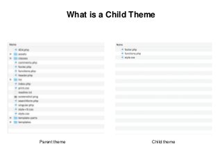 What is a Child Theme
Parent theme Child theme
 