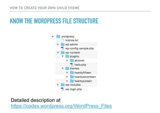 KNOW THE WORDPRESS FILE STRUCTURE
HOW TO CREATE YOUR OWN CHILD THEME
Detailed description at
https://codex.wordpress.org/W...