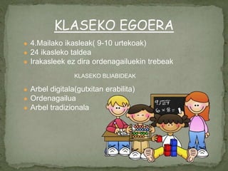 ● 4.Mailako ikasleak( 9-10 urtekoak)
● 24 ikasleko taldea
● Irakasleek ez dira ordenagailuekin trebeak
● Arbel digitala(gutxitan erabilita)
● Ordenagailua
● Arbel tradizionala
KLASEKO EGOERA
KLASEKO BLIABIDEAK
 