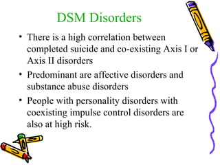 DSM Disorders There is a high correlation between completed suicide and co-existing Axis I or Axis II disorders Predominant are affective disorders and substance abuse disorders People with personality disorders with coexisting impulse control disorders are also at high risk. 