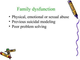 Family dysfunction Physical, emotional or sexual abuse Previous suicidal modeling Poor problem solving 