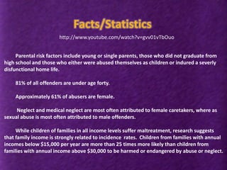 Facts/Statisticshttp://www.youtube.com/watch?v=gvv01vTbOuo	Parental risk factors include young or single parents, those who did not graduate from high school and those who either were abused themselves as children or indured a severly disfunctional home life.	81% of all offenders are under age forty.  	Approximately 61% of abusers are female. 	 Neglect and medical neglect are most often attributed to female caretakers, where as sexual abuse is most often attributed to male offenders.	While children of families in all income levels suffer maltreatment, research suggests that family income is strongly related to incidence  rates.  Children from families with annual incomes below $15,000 per year are more than 25 times more likely than children from families with annual income above $30,000 to be harmed or endangered by abuse or neglect.