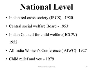 National Level
• Indian red cross society (IRCS) - 1920
• Central social welfare Board - 1953
• Indian Council for child welfare( ICCW) -
1952
• All India Women’s Conference ( AIWC)- 1927
• Child relief and you - 1979
R Dhaker, Lecturer, PCNMS 29
 