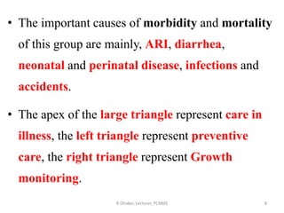 • The important causes of morbidity and mortality
of this group are mainly, ARI, diarrhea,
neonatal and perinatal disease, infections and
accidents.
• The apex of the large triangle represent care in
illness, the left triangle represent preventive
care, the right triangle represent Growth
monitoring.
R Dhaker, Lecturer, PCNMS 8
 