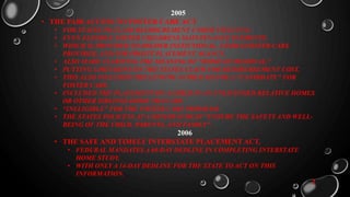 2005
• THE FAIR ACCESS TO FOSTER CARE ACT
• FOR STATES TO CLAIM REIMBUREMENT UNDER TITLE IV-E.
• EVEN ELIGIBLE FOSTER CHILDRENS MAINTENANCE PAYMENTS.
• WHICH IS PROVIDED TO HIS/HER INSTIUTIONAL, FAMILY,FOSTER CARE
PROVIDER, AND FOR PROFIT PLACEMENT AGANCY.
• ALSO MADE CLARIFING THE MEANING OF “HOME OF REMOVAL.”
• PUTTING LIMITAIONS ON THE STATES CLAIM FOR REIMBURSEMENT COST.
• THIS ALSO INCLUDED THE LENGTH A CHILD MAY BE A “CANDIDATE” FOR
FOSTER CARE.
• INCLUDED THE PLACEMENT OF A CHILD IN AN UNLICENSED RELATIVE HOMES
OR OTHER SIBLINGS HOME THAT ARE
• “INELIGIBLE” FOR THE FOSTER CARE PROGRAM.
• THE STATES POLICEYS AT A MINIMUM MUST “ENSURE THE SAFETY AND WELL-
BEING OF THE CHILD, PARENTS, AND FAMILY”.
2006
• THE SAFE AND TIMELY INTERSTATE PLACEMENT ACT.
• FEDURAL MANDATES A 60-DAY DEDLINE IN COMPLETING INTERSTATE
HOME STUDY.
• WITH ONLY A 14-DAY DEDLINE FOR THE STATE TO ACT ON THIS
INFORMATION.
2
 