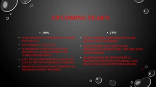 UP COMING YEAR’S
• 1993
• MADE SIGNIFICANT AMENDMENTS IN CHILD
WELFARE ACT.
• NEW SUBPART 2 “TITLE IV-B”.
• AUTHORIZING FUNDS TO STATES THAT
PROVISION IN “FAMILY SUPPORT” AND
“FAMILY PRESERVATION”.
• ONLY 10% ON ADMINISTRATION AND 90% ON
EACH IN THE TWO CATEGORIES OF SERVICE.
• THEREFOR EACH STATE HAD TO REPORT ALL
PROGRESS IN BOTH CATEGORIES.
• 1994
• MADE ANOTHER AMENDMENTS IN THE
SESSION 103RD CONGRESS.
• THAT IS MADE AVAILABLE TO ALL
CHILDREN IN FOSTER CARE. NOT THE ONES
THAT ELIGIBLE.
• HEARINGS WILL BE HELD EVERY 12
MONTHS AFTER INITIAL HEARING, CASE
PLAIN AND CASE REVIEW PROCEDURES.
2
 
