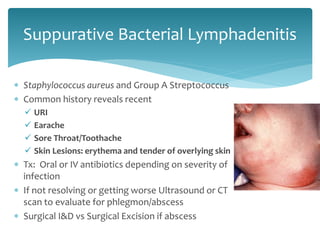  Staphylococcus aureus and Group A Streptococcus
 Common history reveals recent
 URI
 Earache
 Sore Throat/Toothache
 Skin Lesions: erythema and tender of overlying skin
 Tx: Oral or IV antibiotics depending on severity of
infection
 If not resolving or getting worse Ultrasound or CT
scan to evaluate for phlegmon/abscess
 Surgical I&D vs Surgical Excision if abscess
Suppurative Bacterial Lymphadenitis
 