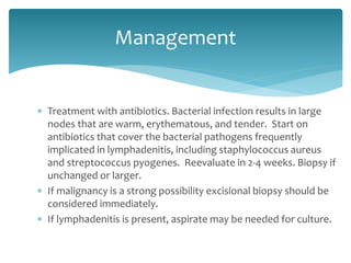 Treatment with antibiotics. Bacterial infection results in large
nodes that are warm, erythematous, and tender. Start on
antibiotics that cover the bacterial pathogens frequently
implicated in lymphadenitis, including staphylococcus aureus
and streptococcus pyogenes. Reevaluate in 2-4 weeks. Biopsy if
unchanged or larger.
 If malignancy is a strong possibility excisional biopsy should be
considered immediately.
 If lymphadenitis is present, aspirate may be needed for culture.
Management
 