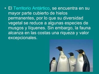 El  Territorio Antártico , se encuentra en su mayor parte cubierto de hielos permanentes, por lo que su diversidad vegetal se reduce a algunas especies de musgos y líquenes. Sin embargo, la fauna alcanza en las costas una riqueza y valor excepcionales. 