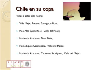 Chile en su copa Vinos a catar esta noche: Viña Maipo Reserva Sauvignon Blanc Palo Alto Syrah Rosé,  Valle del Maule Hacienda Araucano Pinot Noir,  Haras Equus Carménère,  Valle del Maipo Hacienda Araucano Cabernet Sauvignon,  Valle del Maipo 