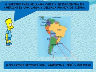 ¡¡ NUESTRO PAÍS SE LLAMA CHILE Y SE ENCUENTRA EN
AMÉRICA!! ES UNA LARGA Y DELGADA FRANJA DE TIERRA.




 ¡¡LOS PAISES VECINOS SON: ARGENTINA, PERÚ Y BOLIVIA!!
 