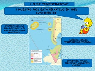 ¡¡ CHILE TRICONTINENTAL”

          ¡¡ NUESTRO PAÍS ESTÁ REPARTIDO EN TRES
                       CONTINENTES.



 OCEANÍA: ESTÁ LA
ISLA DE PASCUA Y EL
ARCHIPIÉLAGO JUAN
    FERNÁNDEZ.



                                               AMÉRICA: ESTÁ EL
                                           TERRITORIO CONTINENTAL.




                                            ANTÁRTICA: ESTÁ EL
                                           TERRITORIO ANTÁRTICO
                                                 CHILENO.
 