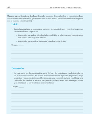 G U Í A S P E D A G Ó G I C A S D E L S E C T O R L E N G U A I N D Í G E N A166
Maqueta para el despliegue de clases (Educador y docente deben planiﬁcar el conjunto de clases
—con un máximo de cuatro— que se realizarán en esta unidad, teniendo como base el esquema
que se presenta a continuación)
Inicio
• La dupla pedagógica se preocupa de reconocer los conocimientos y experiencias previas
de sus estudiantes respecto de:
o Contenidos que ya han sido abordados en el SLI y se relacionan con los contenidos
que en esta clase se quiere abordar.
o Contenidos que se quiere abordar en esta clase en particular.
Tiempo:
Desarrollo
• Se caracteriza por la participación activa de los y las estudiantes en el desarrollo de
las actividades diseñadas, las cuales deben considerar el repertorio lingüístico, mapa
semántico y mapa sintáctico establecidos para cada contenido cultural en el Programa
de Estudio. En esta fase se trabajan los Aprendizajes Esperados e indicadores propuestos
y se enfatiza en la ejercitación de las nuevas tareas.
Tiempo:
Maqueta para el despliegue de clases (Educador y docente deben planiﬁcar el conjunto de clases
—con un máximo de cuatro— que se realizarán en esta unidad, teniendo como base el esquema
que se presenta a continuación)
Inicio
• La dupla pedagógica se preocupa de reconocer los conocimientos y experiencias previas
de sus estudiantes respecto de:
o Contenidos que ya han sido abordados en el SLI y se relacionan con los contenidos
que en esta clase se quiere abordar.
o Contenidos que se quiere abordar en esta clase en particular.
Tiempo:
Desarrollo
• Se caracteriza por la participación activa de los y las estudiantes en el desarrollo de
las actividades diseñadas, las cuales deben considerar el repertorio lingüístico, mapa
semántico y mapa sintáctico establecidos para cada contenido cultural en el Programa
de Estudio. En esta fase se trabajan los Aprendizajes Esperados e indicadores propuestos
y se enfatiza en la ejercitación de las nuevas tareas.
Tiempo:
quechua3.indd 166quechua3.indd 166 28-11-12 17:0328-11-12 17:03
 