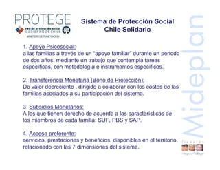 Sistema de Protección Social
Chile Solidario
1. Apoyo Psicosocial:
a las familias a través de un “apoyo familiar” durante un periodo
de dos años, mediante un trabajo que contempla tareas
específicas, con metodología e instrumentos específicos.
2. Transferencia Monetaria (Bono de Protección):
De valor decreciente , dirigido a colaborar con los costos de las
familias asociados a su participación del sistema.
3. Subsidios Monetarios:
A los que tienen derecho de acuerdo a las características de
los miembros de cada familia: SUF, PBS y SAP.
4. Acceso preferente:
servicios, prestaciones y beneficios, disponibles en el territorio,
relacionado con las 7 dimensiones del sistema.
 