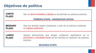 Apoyar dimensiones que tengan incidencia significativa en la
promoción y movilidad social de las familias en situación de pobreza
extrema
CORTO
PLAZO
MEDIANO
PLAZO
LARGO
PLAZO
Dar un alivio inmediato y efectivo a las familias en pobreza extrema
PRIMERA ETAPA : ASIGNACION SOCIAL
Que las familias logren emplearse y salir de la pobreza mediante
su ingreso autónomo
Objetivos de política
SEGUNDA ETAPA
 