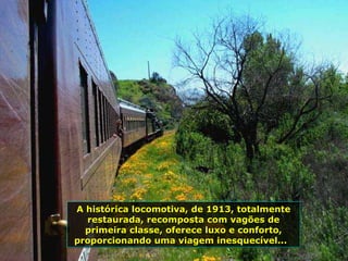 A histórica locomotiva, de 1913, totalmente
restaurada, recomposta com vagões de
primeira classe, oferece luxo e conforto,
proporcionando uma viagem inesquecível...
A histórica locomotiva, de 1913, totalmente
restaurada, recomposta com vagões de
primeira classe, oferece luxo e conforto,
proporcionando uma viagem inesquecível...
 