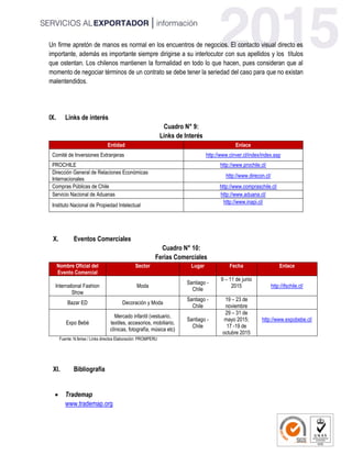 Un firme apretón de manos es normal en los encuentros de negocios. El contacto visual directo es
importante, además es importante siempre dirigirse a su interlocutor con sus apellidos y los títulos
que ostentan. Los chilenos mantienen la formalidad en todo lo que hacen, pues consideran que al
momento de negociar términos de un contrato se debe tener la seriedad del caso para que no existan
malentendidos.
IX. Links de interés
Cuadro N° 9:
Links de Interés
Entidad Enlace
Comité de Inversiones Extranjeras http://www.cinver.cl/index/index.asp
PROCHILE http://www.prochile.cl/
Dirección General de Relaciones Económicas
Internacionales
http://www.direcon.cl/
Compras Públicas de Chile http://www.compraschile.cl/
Servicio Nacional de Aduanas http://www.aduana.cl/
Instituto Nacional de Propiedad Intelectual
http://www.inapi.cl/
X. Eventos Comerciales
Cuadro N° 10:
Ferias Comerciales
Nombre Oficial del
Evento Comercial
Sector Lugar Fecha Enlace
International Fashion
Show
Moda
Santiago -
Chile
9 – 11 de junio
2015 http://ifschile.cl/
Bazar ED Decoración y Moda
Santiago -
Chile
19 – 23 de
noviembre
Expo Bebé
Mercado infantil (vestuario,
textiles, accesorios, mobiliario,
clínicas, fotografía, música etc)
Santiago -
Chile
29 – 31 de
mayo 2015;
17 -19 de
octubre 2015
http://www.expobebe.cl/
Fuente: N.ferias / Links directos Elaboración: PROMPERU
XI. Bibliografía
 Trademap
www.trademap.org
 