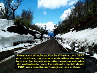 Estrada em direção ao Vulcão Villarica, com 2847
mts. de altura, um dos sete mais ativos do mundo,
todo encoberto pela neve. Até mesmo as estradas,
são rodeadas de neve. Ele está adormecido desde
1985, mas percebe-se fumaça em sua cratera...
 