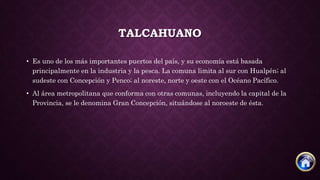 TALCAHUANO
• Es uno de los más importantes puertos del país, y su economía está basada
principalmente en la industria y la pesca. La comuna limita al sur con Hualpén; al
sudeste con Concepción y Penco; al noreste, norte y oeste con el Océano Pacífico.
• Al área metropolitana que conforma con otras comunas, incluyendo la capital de la
Provincia, se le denomina Gran Concepción, situándose al noroeste de ésta.
 