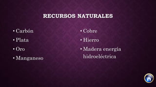 RECURSOS NATURALES
• Carbón
• Plata
• Oro
• Manganeso
• Cobre
• Hierro
• Madera energía
hidroeléctrica
 