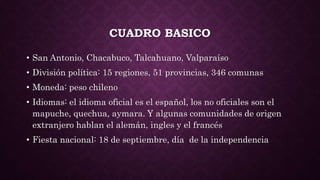 CUADRO BASICO
• San Antonio, Chacabuco, Talcahuano, Valparaíso
• División política: 15 regiones, 51 provincias, 346 comunas
• Moneda: peso chileno
• Idiomas: el idioma oficial es el español, los no oficiales son el
mapuche, quechua, aymara. Y algunas comunidades de origen
extranjero hablan el alemán, ingles y el francés
• Fiesta nacional: 18 de septiembre, día de la independencia
 