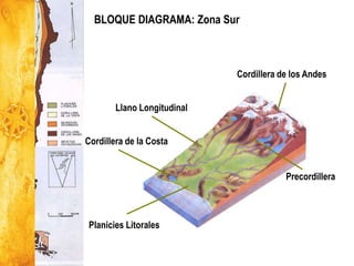 BLOQUE DIAGRAMA: Zona Sur
Cordillera de la Costa
Planicies Litorales
Cordillera de los Andes
Llano Longitudinal
Precordillera
 