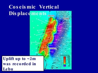 Coseismic  Vertical Displacements Uplift up to ~2m was recorded in Lebu 