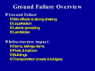 Ground Failure Overview Ground Failure Site effects & strong shaking Liquefaction Lateral spreading Landslides Infrastructure impact: Dams, tailings dams. Ports & harbors Buildings Transportation (roads & bridges) 