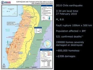 2010 Chile earthquake 3:34 am local time 27 February 2010 M w  8.8 Fault rupture 100km x 500 km Population affected > 8M * 521 confirmed deaths ** 190000 homes severely  damaged or destroyed ~800,000 homeless ~$30B damages *  ACHISINA ** USAID, 3/25/10 